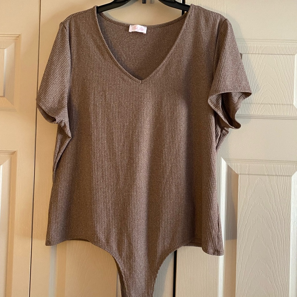 Pink Lily Taupe Ribbed V-Neck Bodysuit